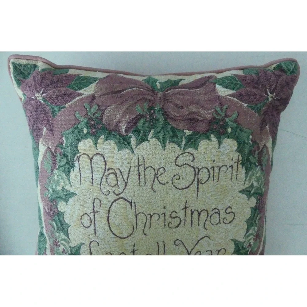 Christmas Tapestry Throw Pillow May Spirit of Christmas Pink Victorian Vtg